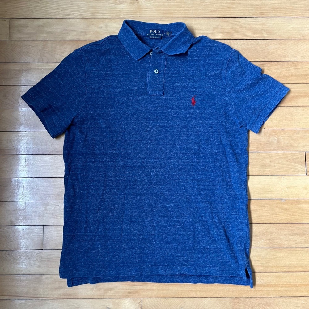 Polo Ralph Lauren Mens Custom Slim Fit Polo Shirt Blue Heather Red Pony Size M